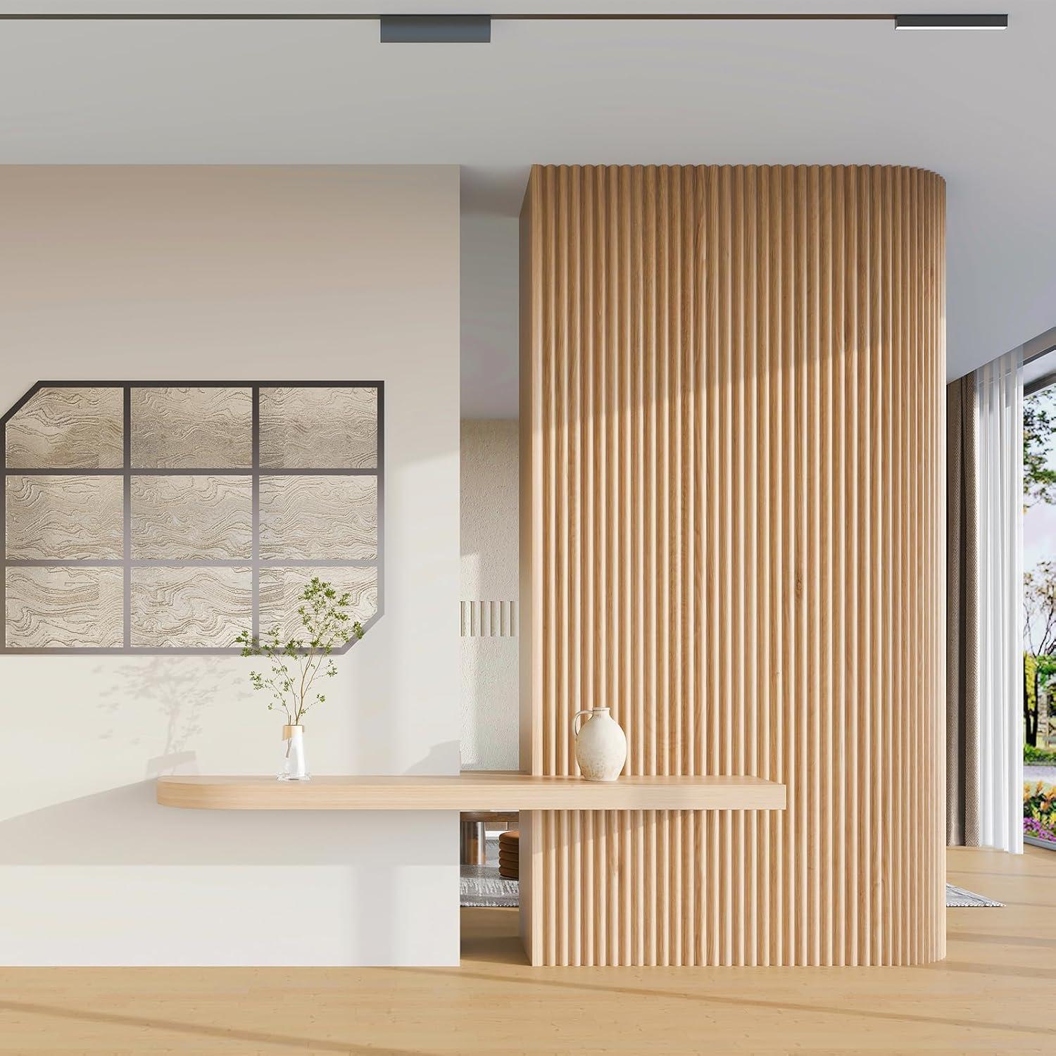 imageArt3d Slat Wood Wall Paneling for Interior and Ceiling Decoration  Pack of 4pcs  1pc EndTrim Size 108 x 57in OakNatural WoodSemiCylinder