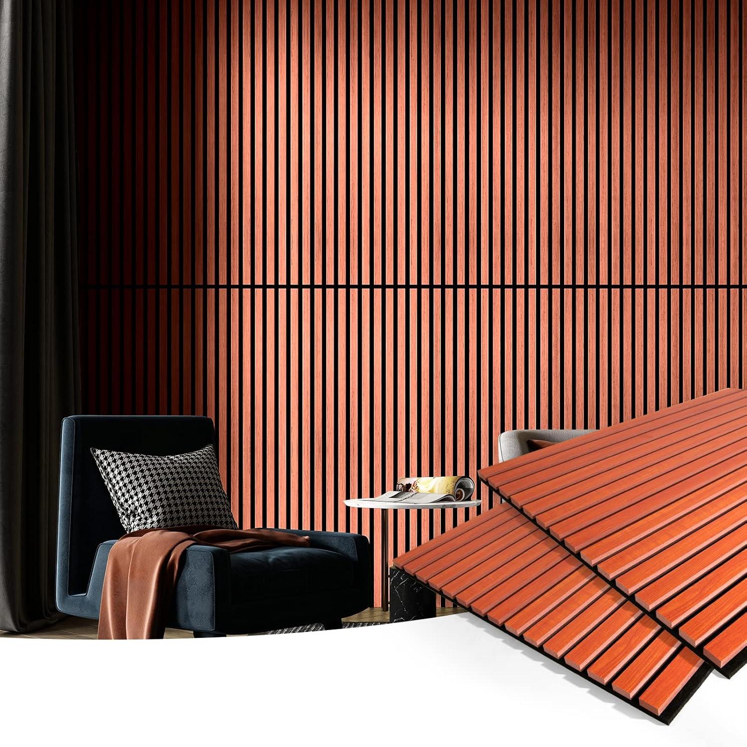 imageArt3d Wood Slat Acoustic Panels Set of 4  3D Fluted SoundAbsorbing Panels for Walls ampamp Ceilings Walnut BrownCherry