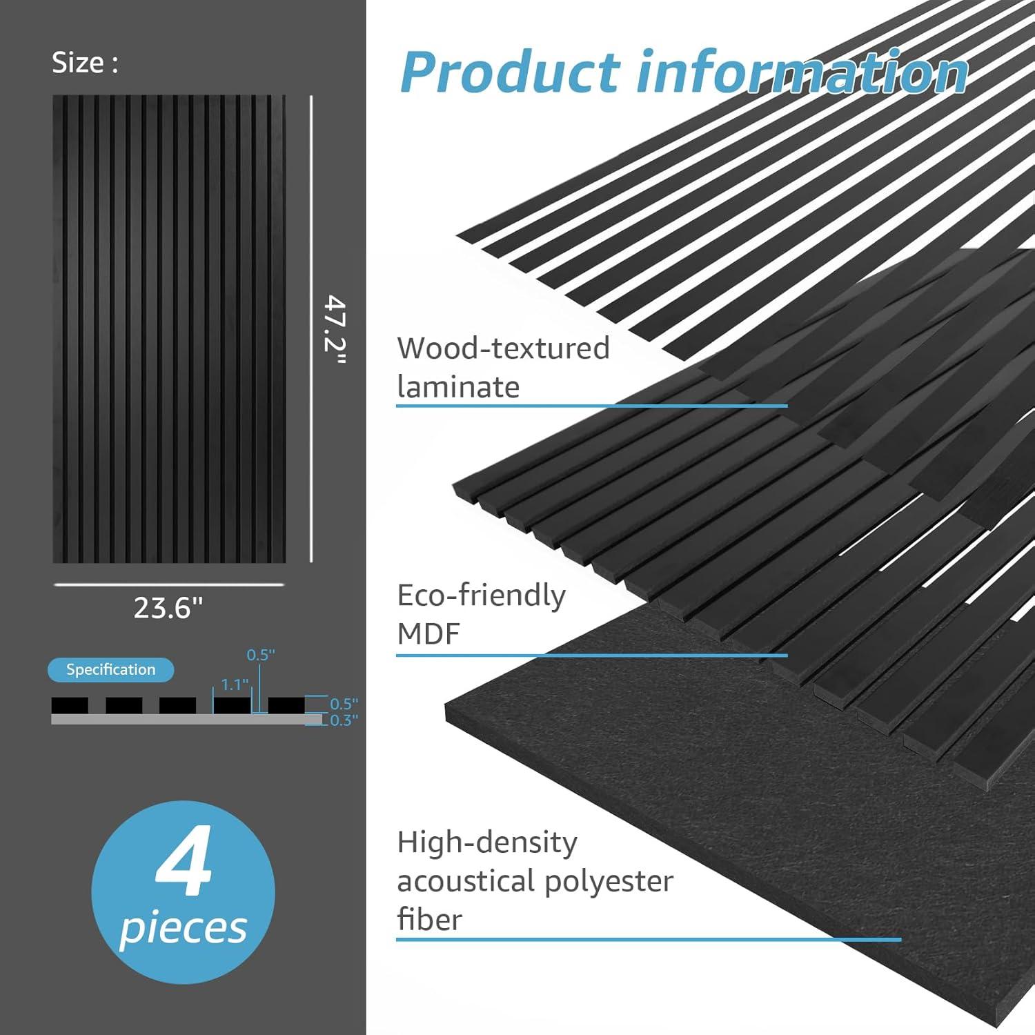 imageArt3d Wood Slat Acoustic Panels Set of 4  3D Fluted SoundAbsorbing Panels for Walls ampamp Ceilings Walnut BrownMatte Black