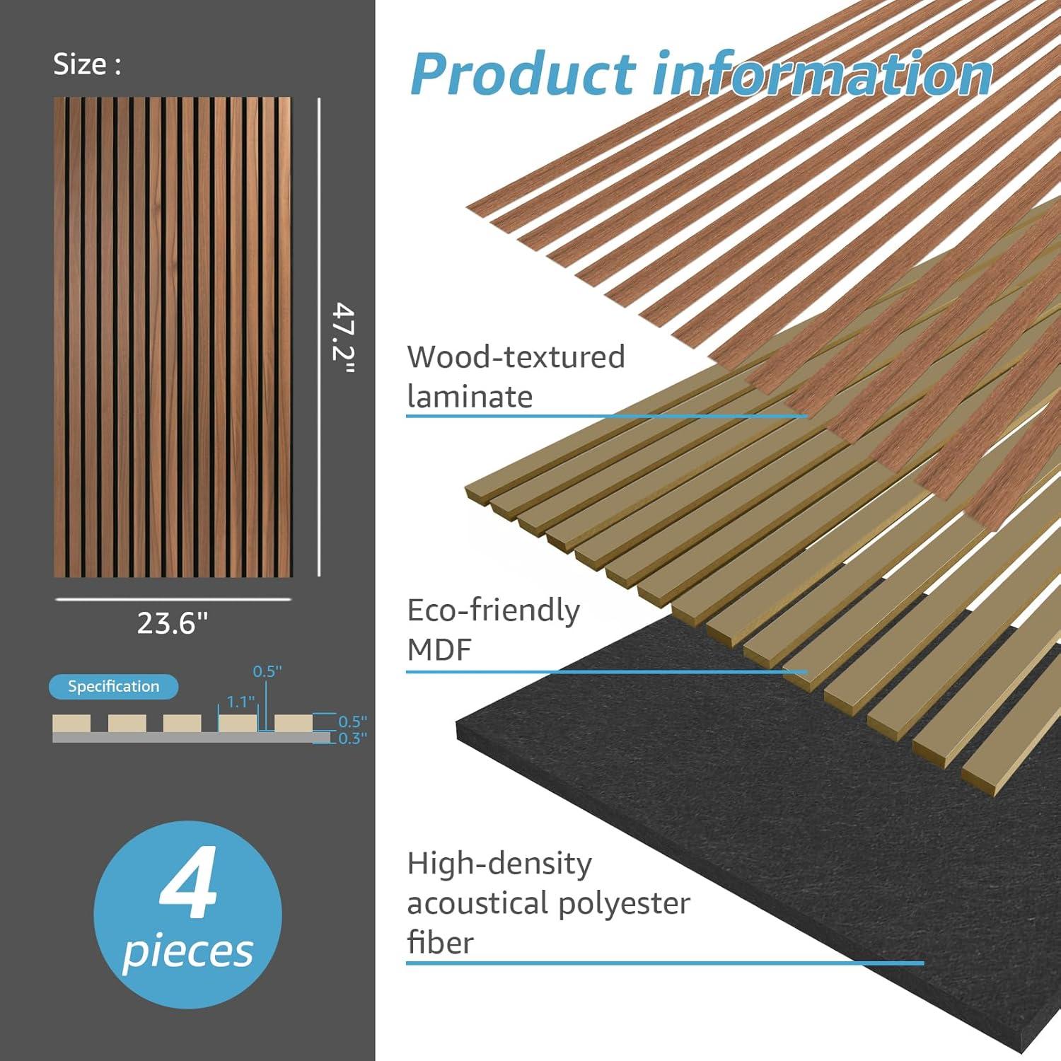 imageArt3d Wood Slat Acoustic Panels Set of 4  3D Fluted SoundAbsorbing Panels for Walls ampamp Ceilings Walnut BrownWalnut