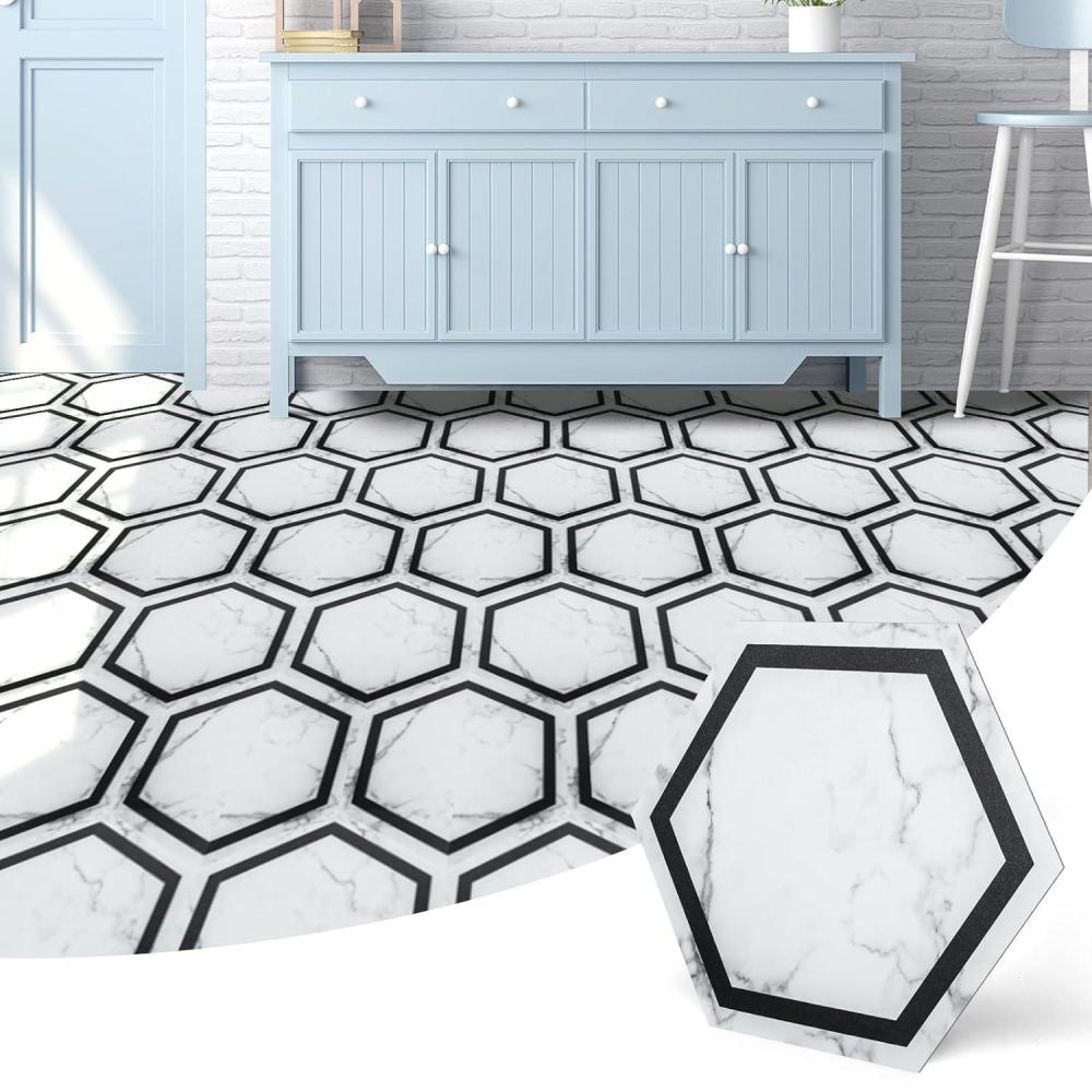 imageArt3d 30Pack Hexagon Peel and Stick Flooring Tile Marble Look Self Adhesive Waterproof Vinyl Floor Tile for Kitchen Bathroom Living Room Bedroom 118quot x 102quot White MarbleWhite Marble