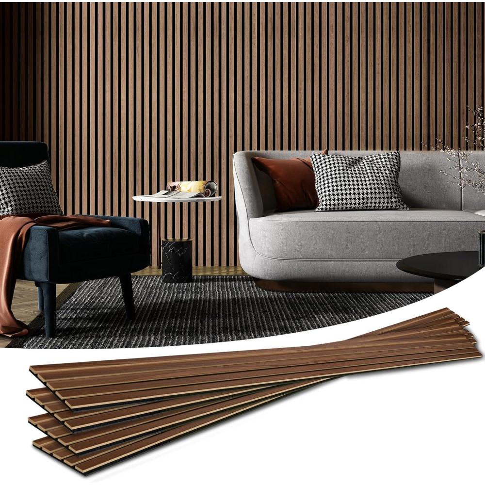 imageArt3d 4Pack 945 x 79 inch Acoustic Wood Slat Wall Panels for Interior Decor 3D Fluted Sound Absorbing Wood Paneling for Accent Wall Ceiling Kitchen Living Room Bedroom Office Warm TeakWalnut