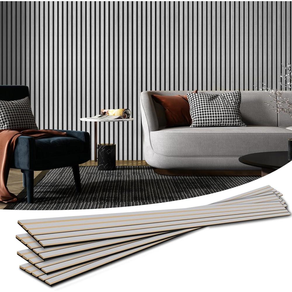 imageArt3d 4Pack 945 x 79 inch Acoustic Wood Slat Wall Panels for Interior Decor 3D Fluted Sound Absorbing Wood Paneling for Accent Wall Ceiling Kitchen Living Room Bedroom Office Warm TeakBrushed Silver
