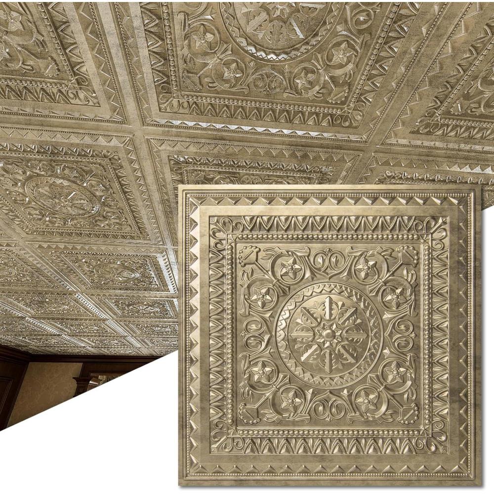imageArt3d Drop Ceiling Tiles 24x24 Inch 12Pack 48 Sqft  Glue Up PVC Ceiling Tiles 2x2 Ft Decorative Ceiling Panels for Kitchen Living Room Office and Home WhiteGold