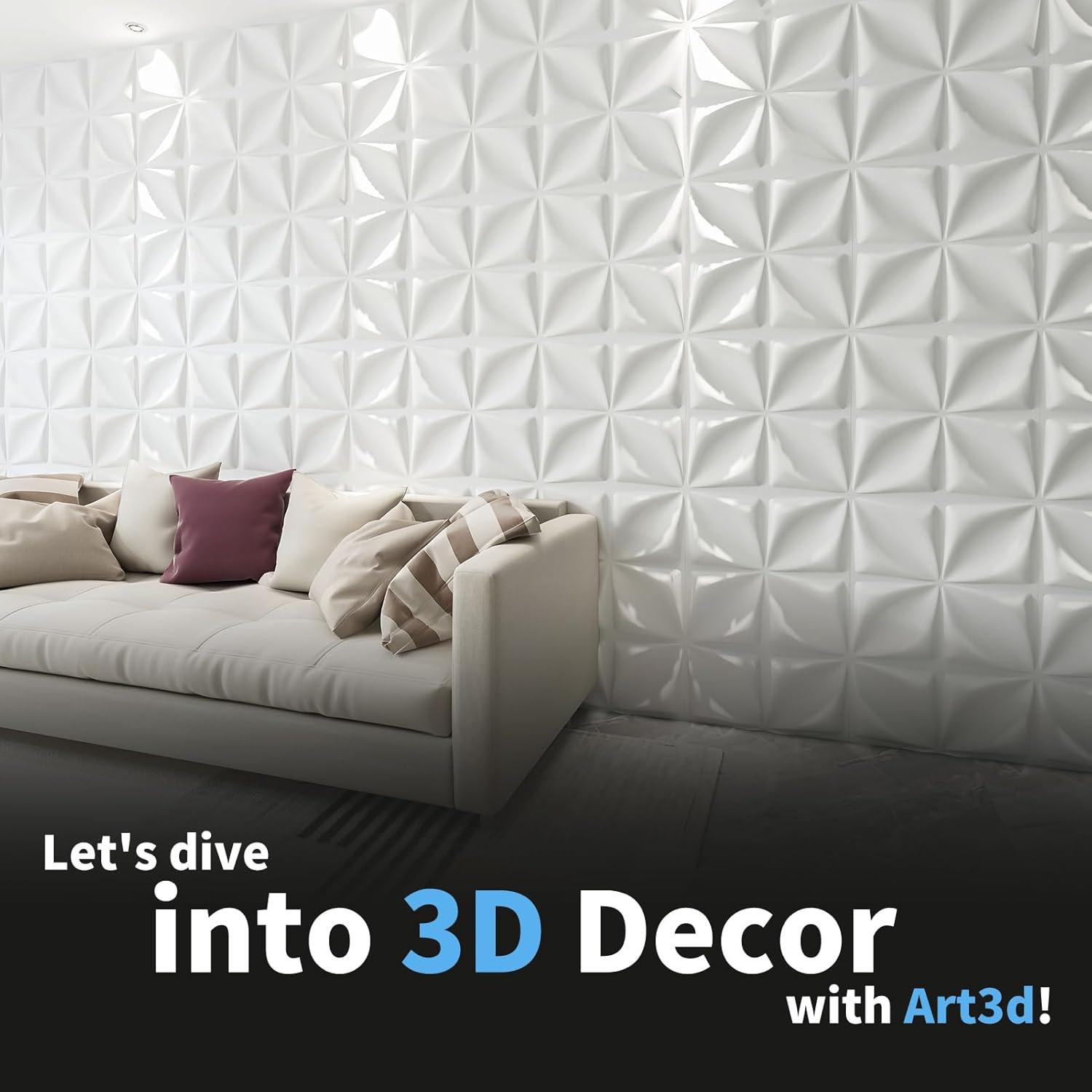 imageArt3d 100 Pack Decorative 3D Wall Panels 97 SqFeet PVC Interior Wall Dcor 118quotx118quot BlackLucky Leaves White