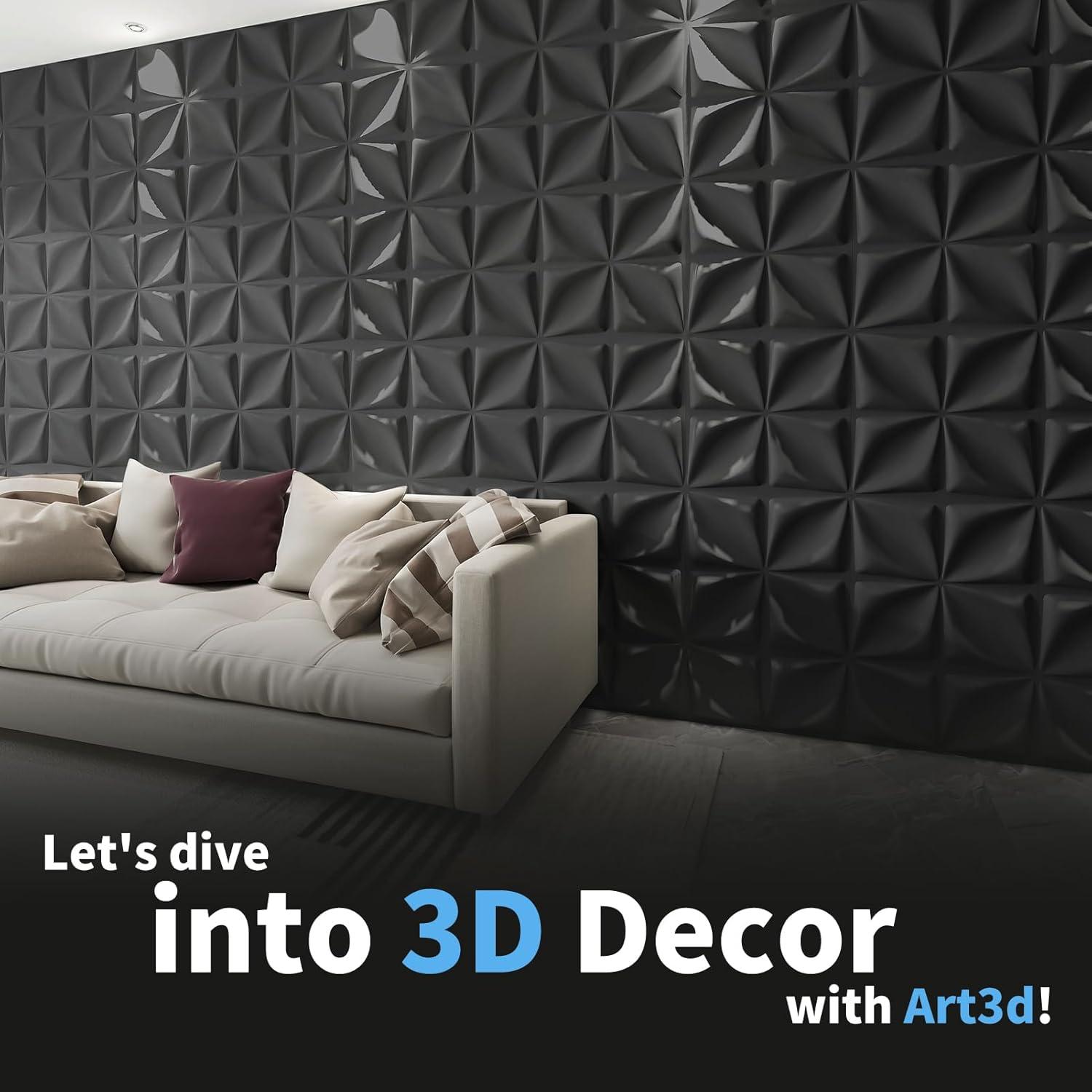 imageArt3d 100 Pack Decorative 3D Wall Panels 97 SqFeet PVC Interior Wall Dcor 118quotx118quot BlackLucky LeavesBlack