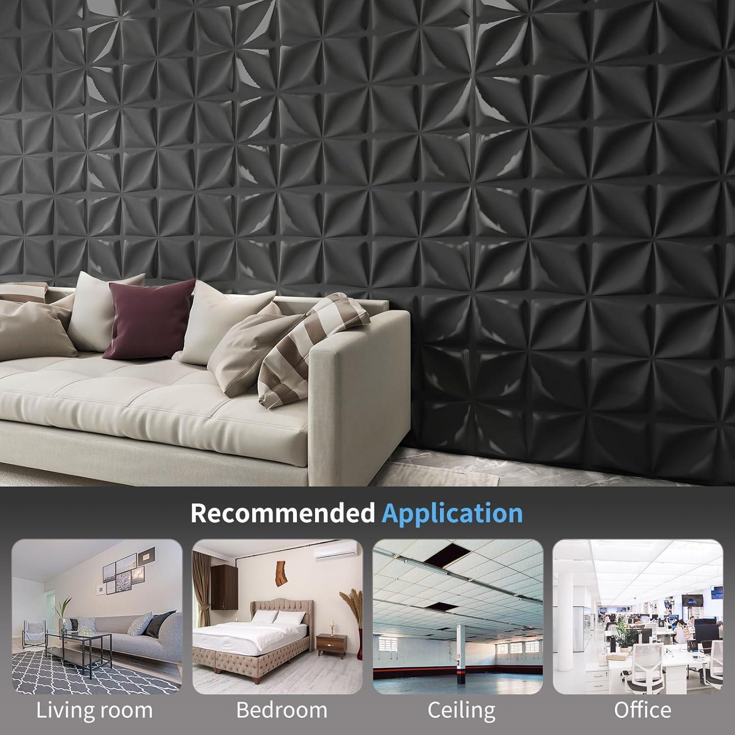 imageArt3d 100 Pack Decorative 3D Wall Panels 97 SqFeet PVC Interior Wall Dcor 118quotx118quot BlackLucky LeavesBlack