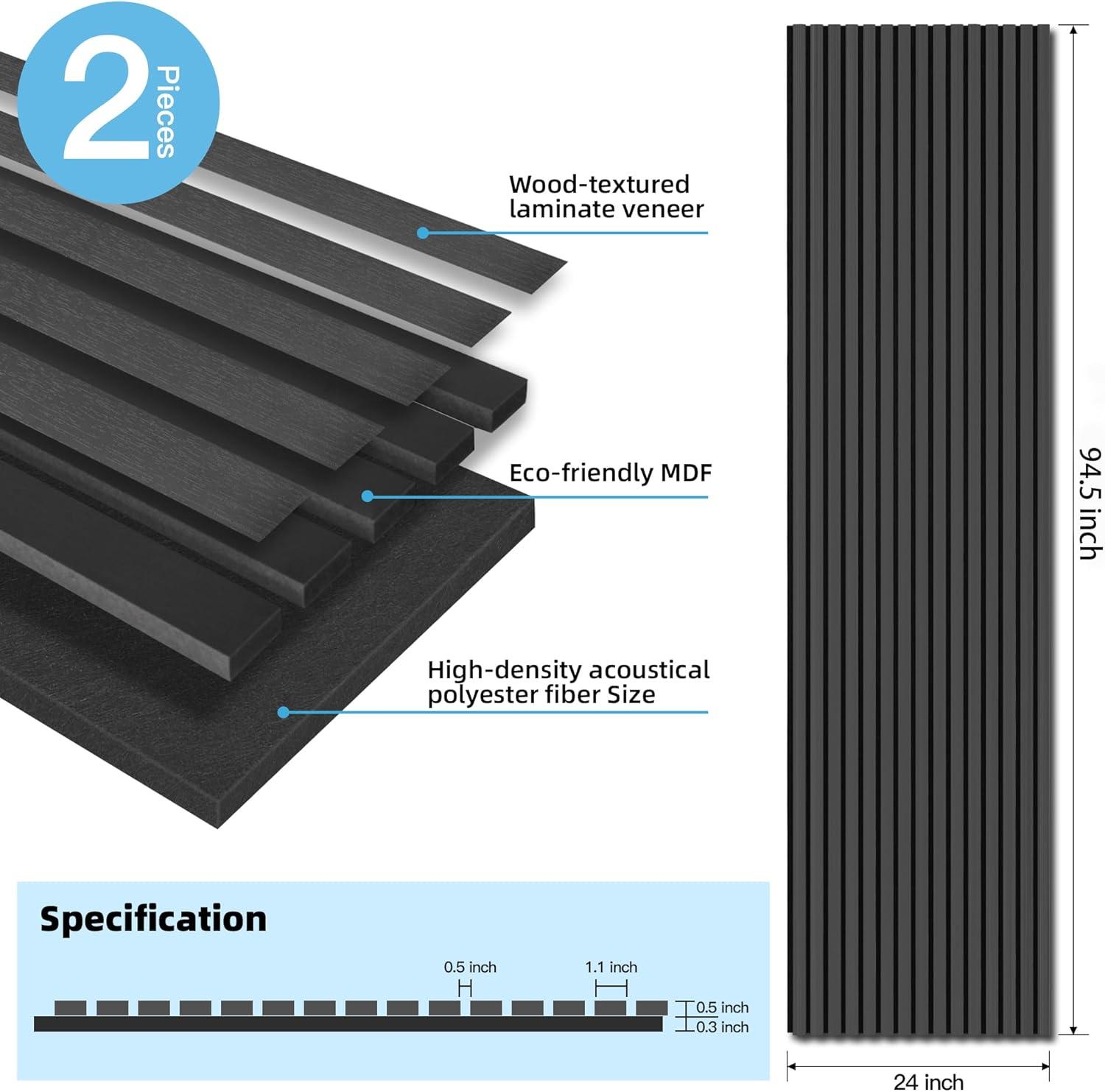 imageArt3d 2 Pack 945 x 24 inch Wood Slat Acoustic Panels for Wall ampamp Ceiling  3D Fluted Sound Absorbing Panel with Wood Finish TeakMatte Black