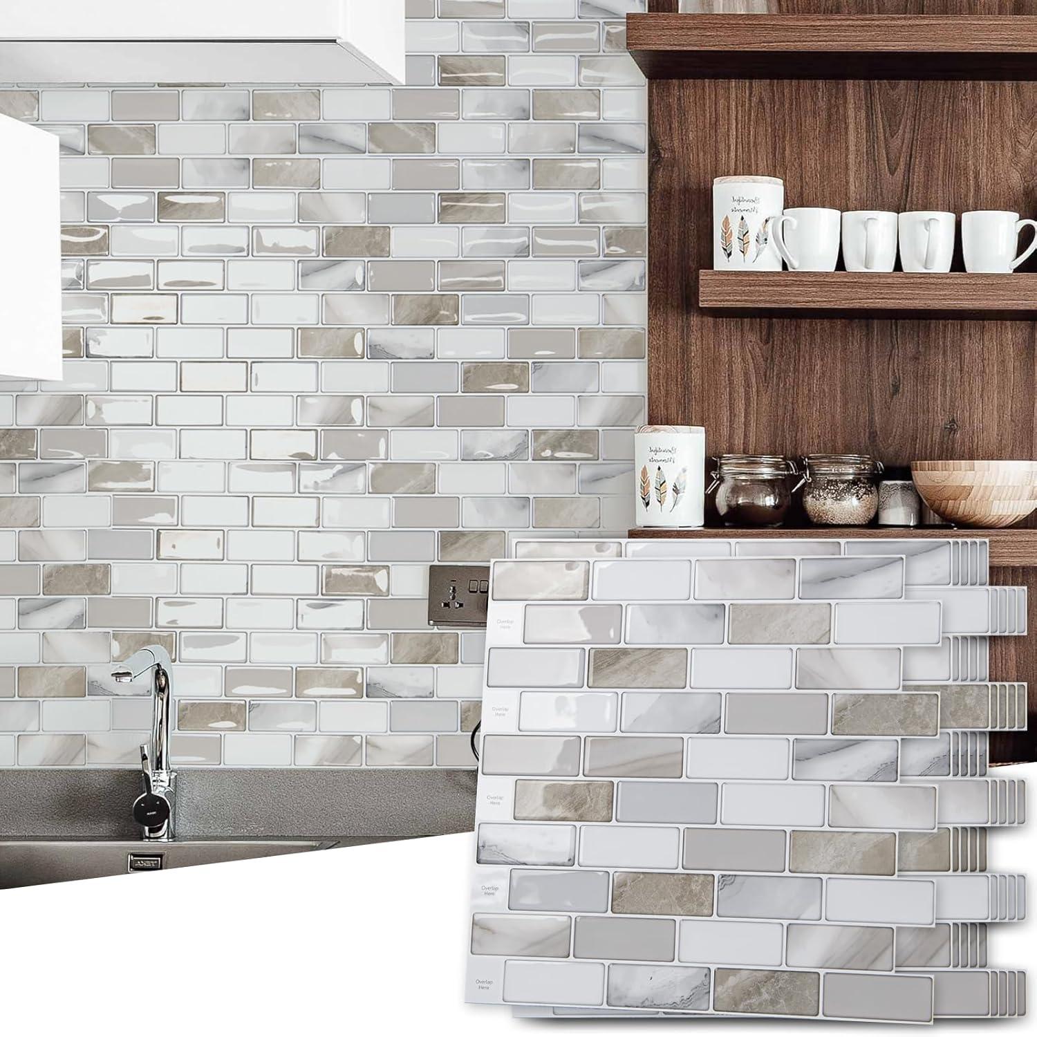 imageArt3d A17014P6 Peel and Stick backsplash Tile 6 Sheets A1701412 x12Beige  White