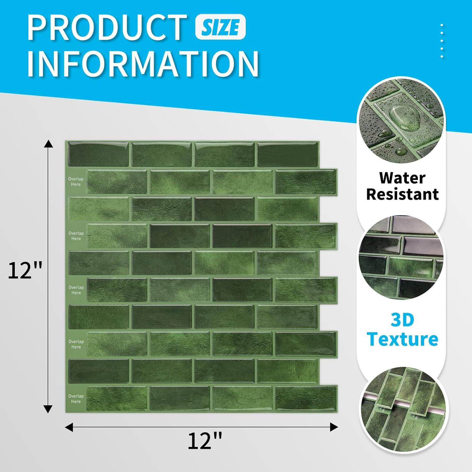 imageArt3d A17014P6 Peel and Stick backsplash Tile 6 Sheets A1701412 x12Jade Green