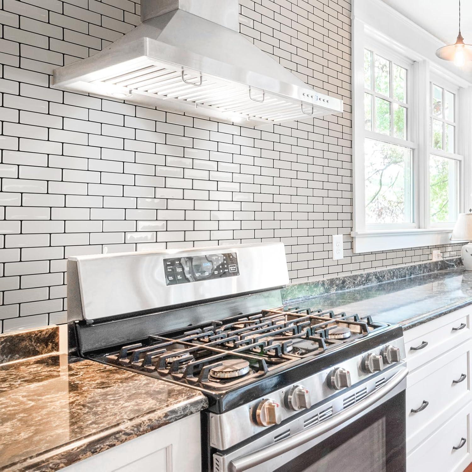 imageArt3d A17014P6 Peel and Stick backsplash Tile 6 Sheets A1701412 x12Warm White With Black Grout