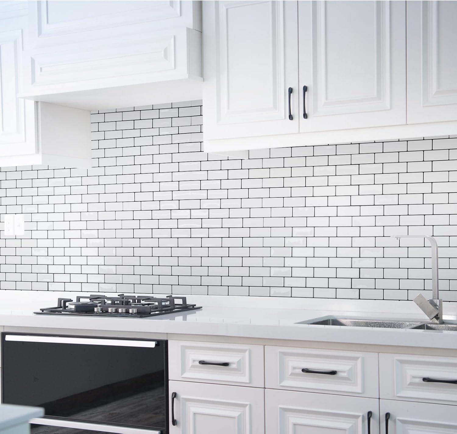 imageArt3d A17014P6 Peel and Stick backsplash Tile 6 Sheets A1701412 x12Warm White With Black Grout