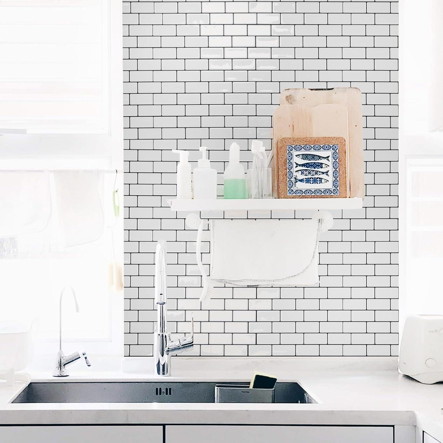 imageArt3d A17014P6 Peel and Stick backsplash Tile 6 Sheets A1701412 x12Warm White With Black Grout