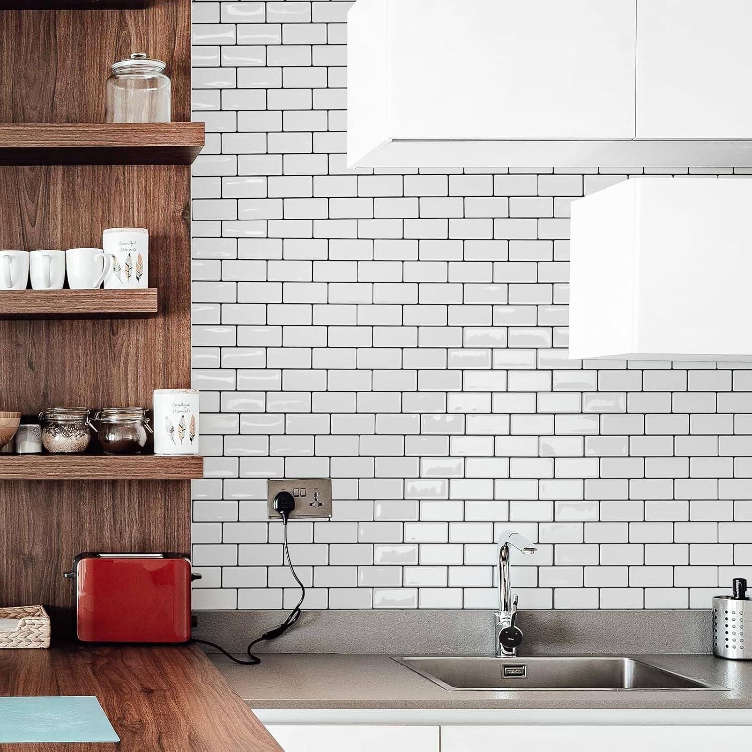 imageArt3d A17014P6 Peel and Stick backsplash Tile 6 Sheets A1701412 x12Warm White With Black Grout