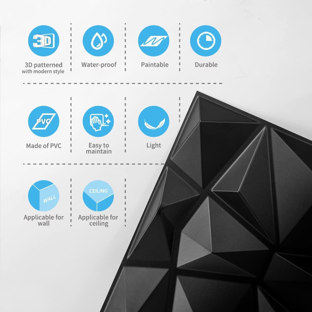 imageArt3d Decorative 3D Wall Panels in Diamond Design 12quotx12quot Antique Copper 33 PackMatte Black