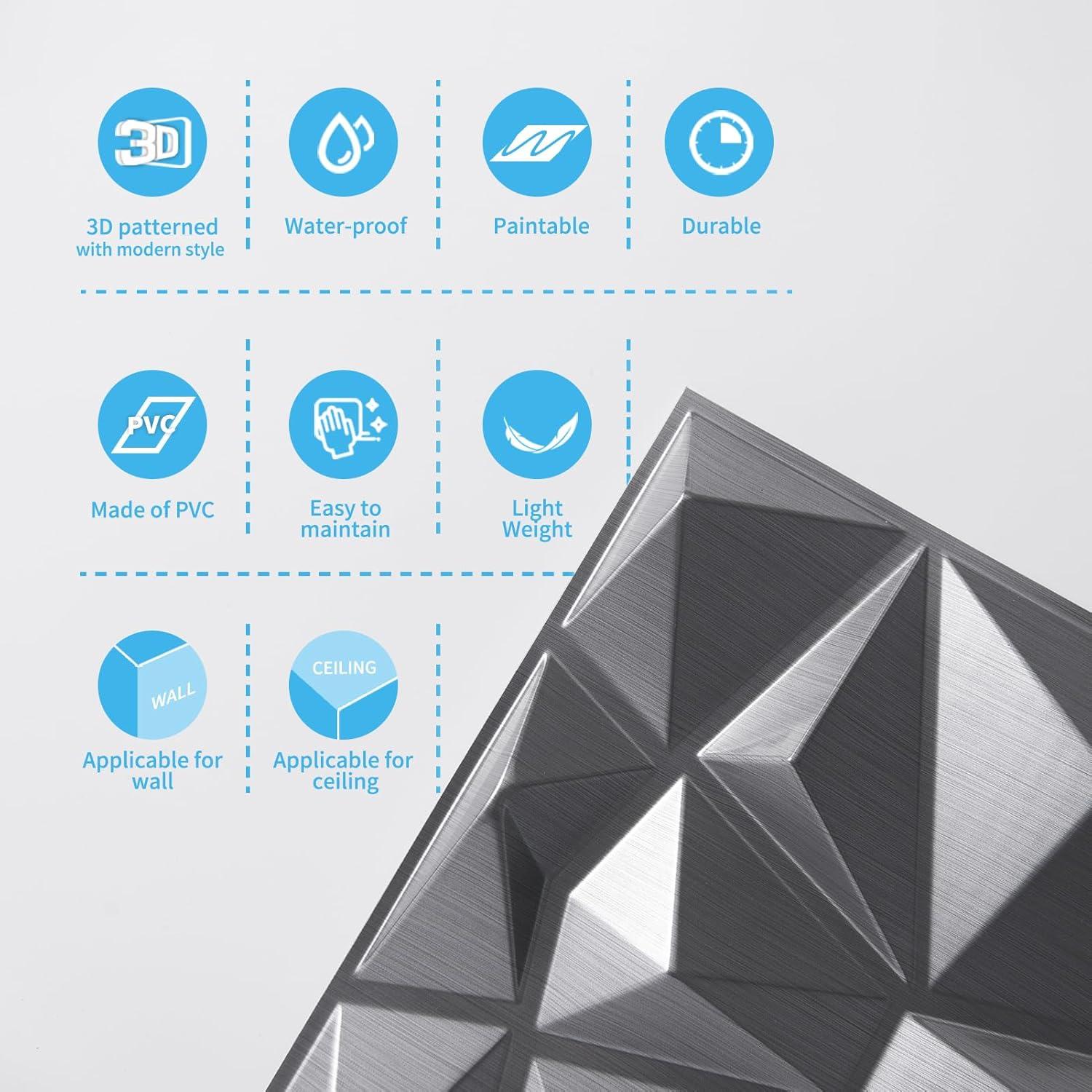 imageArt3d Decorative 3D Wall Panels in Diamond Design 12quotx12quot Antique Copper 33 PackSilver
