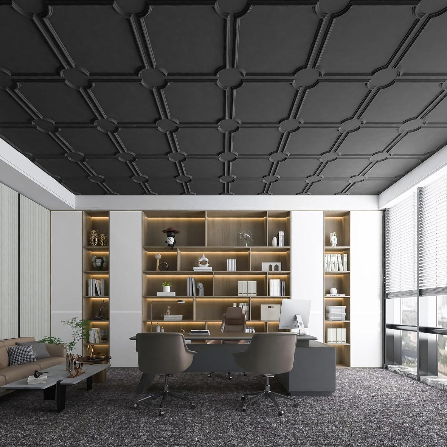 imageArt3d 2x2 Ft Drop Down PVC Ceiling Tiles 3D Textured Glue up Ceiling Panel for Office Living Room Home Decor  12Pack Covers 48 SqFt WhiteBlack