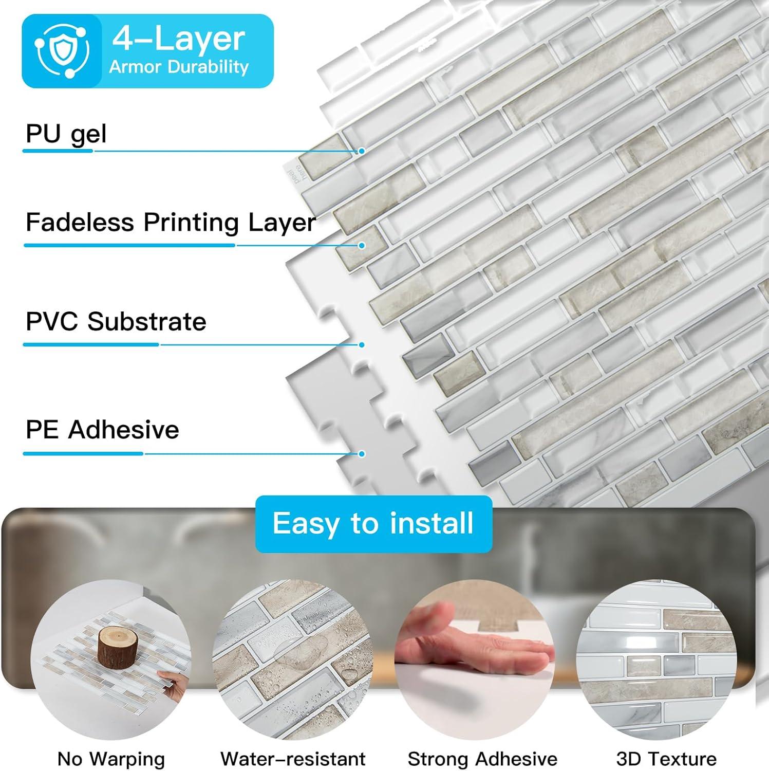 imageArt3d 10Sheet HeavyDuty Peel and Stick Backsplash Waterproof Wall Tiles Stick on Kitchen Backsplash Living Space Carrara GreyBeige  White