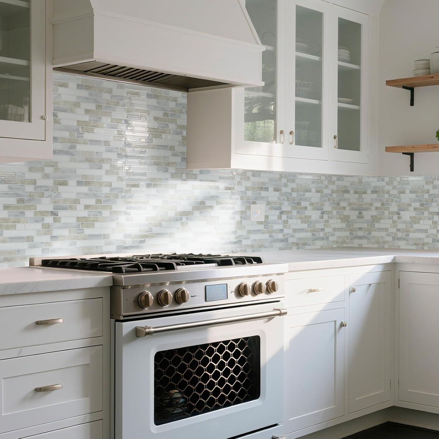 imageArt3d 10Sheet HeavyDuty Peel and Stick Backsplash Waterproof Wall Tiles Stick on Kitchen Backsplash Living Space Carrara GreyBeige  White