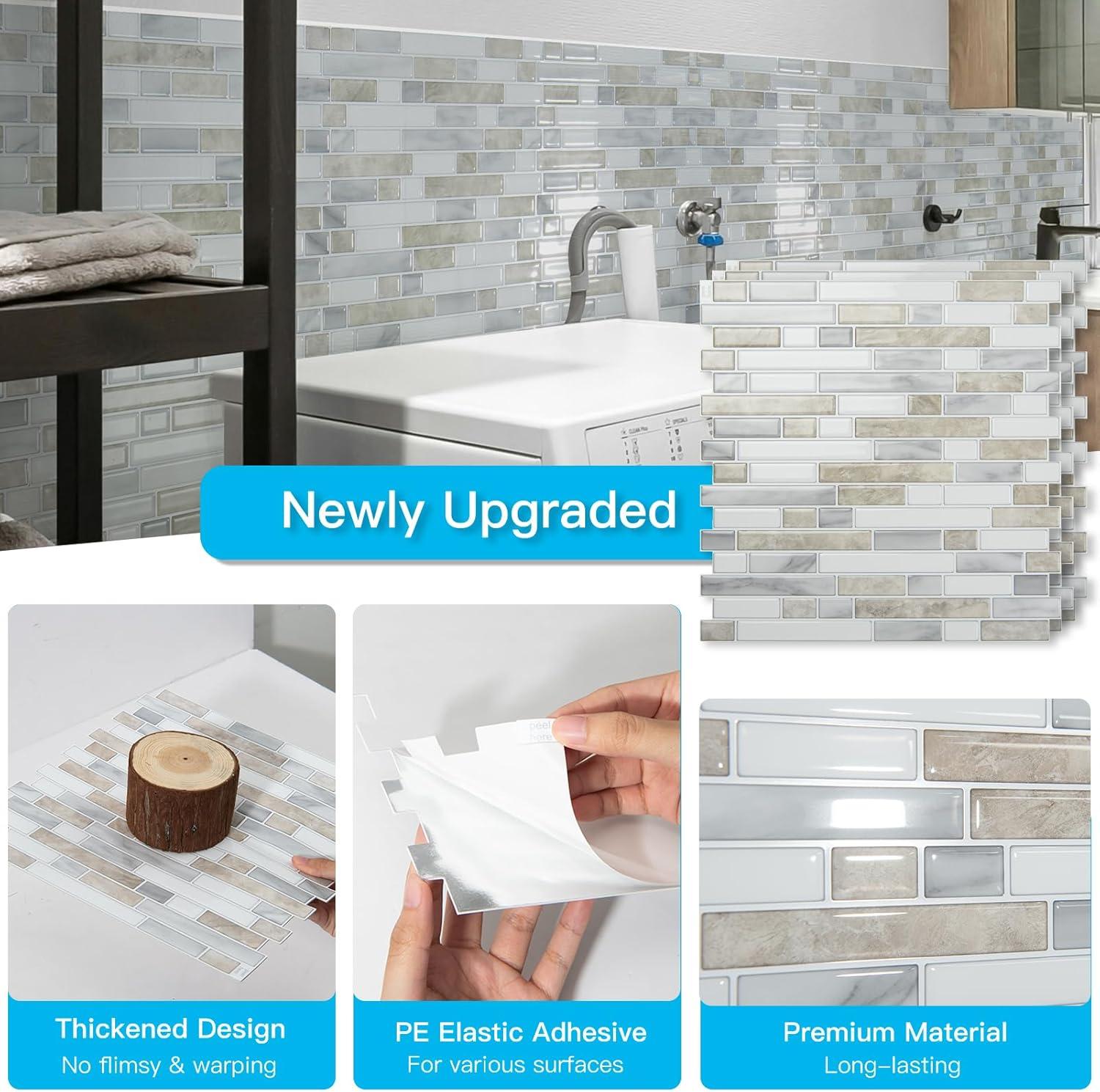 imageArt3d 10Sheet HeavyDuty Peel and Stick Backsplash Waterproof Wall Tiles Stick on Kitchen Backsplash Living Space Carrara GreyBeige  White