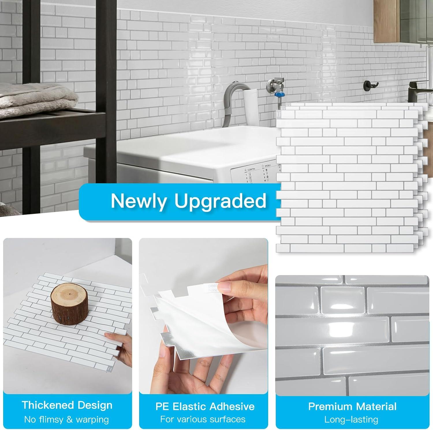 imageArt3d 10Sheet HeavyDuty Peel and Stick Backsplash Waterproof Wall Tiles Stick on Kitchen Backsplash Living Space Carrara GreyWhite with Gray Grout