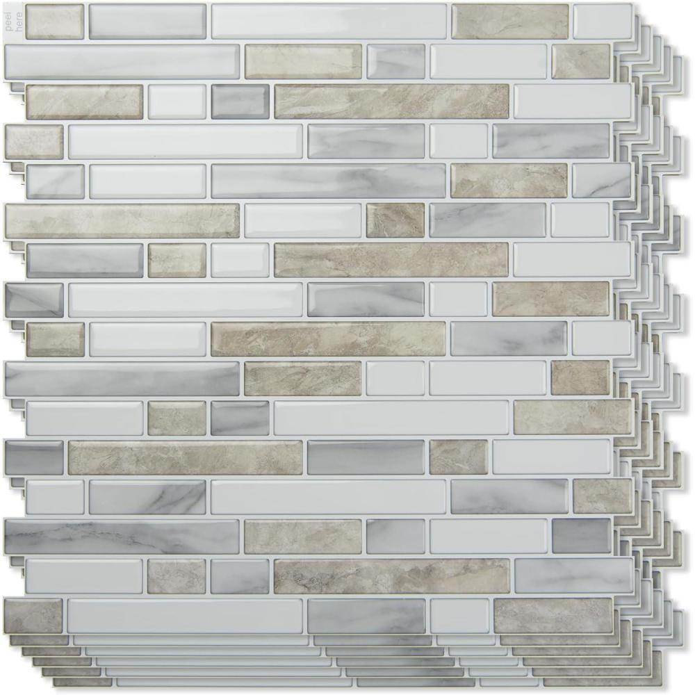 imageArt3d 10Sheet HeavyDuty Peel and Stick Backsplash Waterproof Wall Tiles Stick on Kitchen Backsplash Living Space Carrara GreyBeige  White