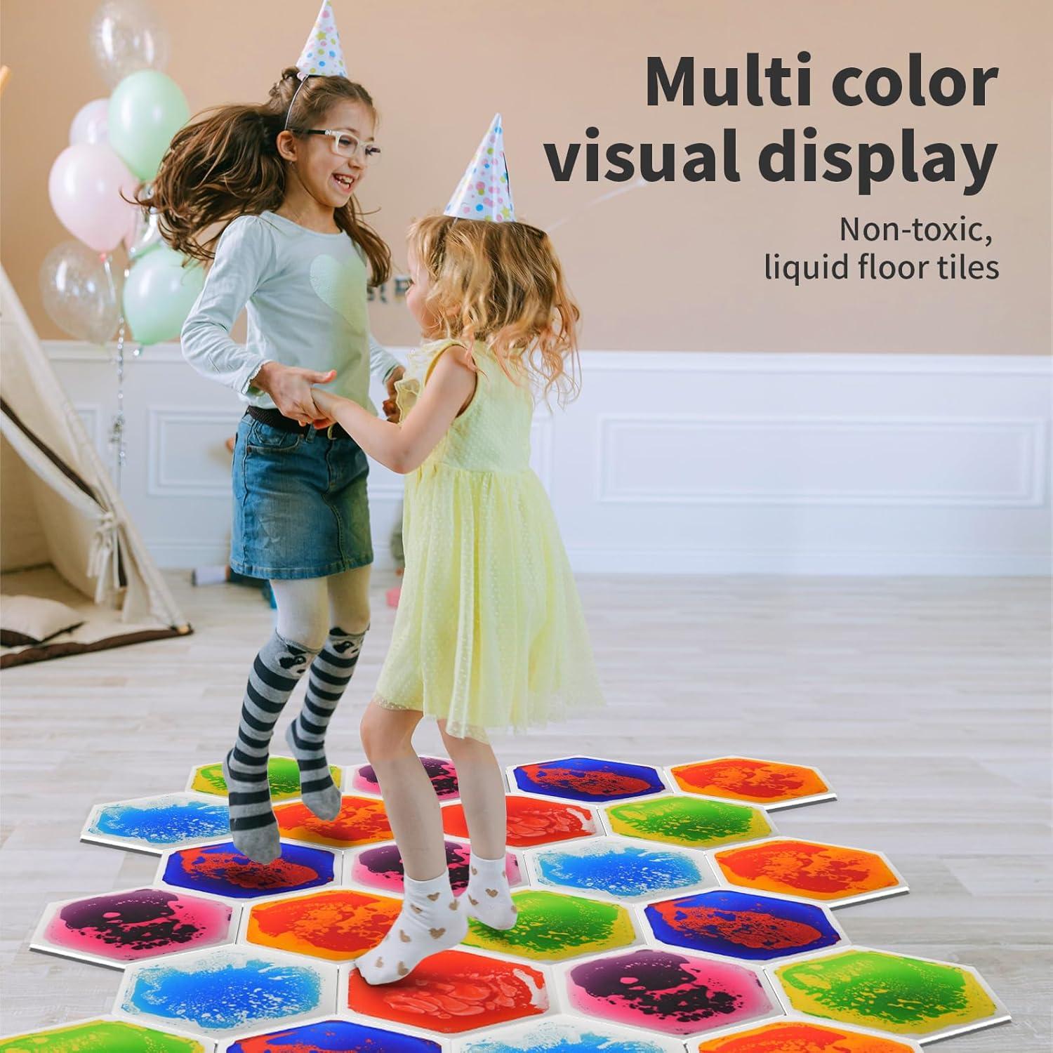 imageArt3d 4Pack Colorful Liquid Sensory Floor Tiles FanShaped Liquid Fusion Sensory Dance Mats for Kid Toddler 13quot x 13quotMulticoloredhexagon 1