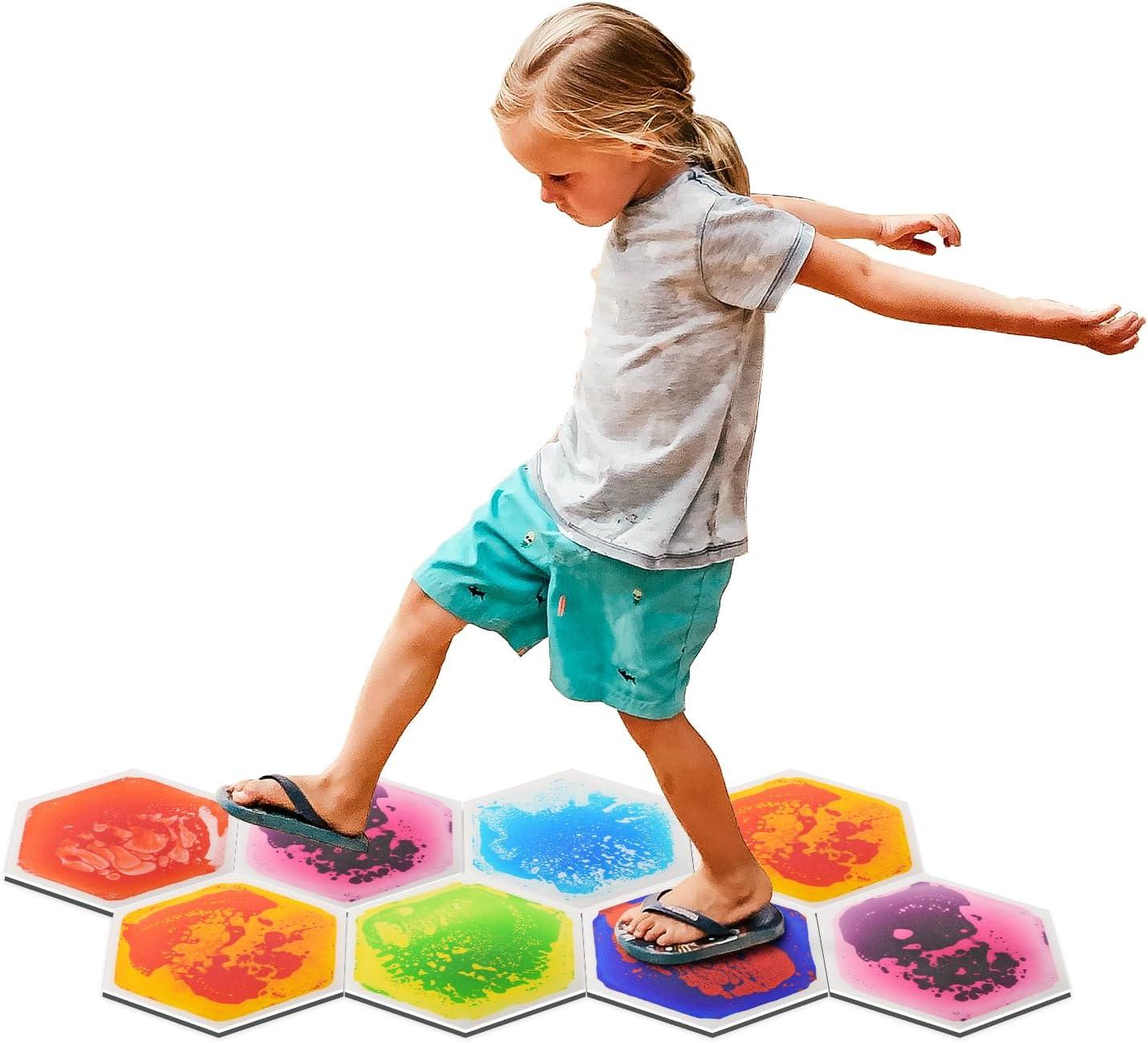 imageArt3d 4Pack Colorful Liquid Sensory Floor Tiles FanShaped Liquid Fusion Sensory Dance Mats for Kid Toddler 13quot x 13quotMulticoloredhexagon 1