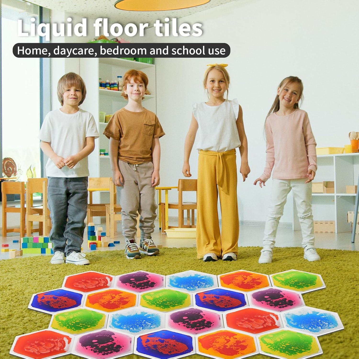 imageArt3d 4Pack Colorful Liquid Sensory Floor Tiles FanShaped Liquid Fusion Sensory Dance Mats for Kid Toddler 13quot x 13quotMulticoloredhexagon 1