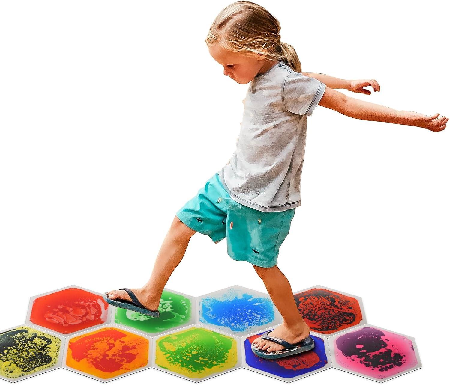 imageArt3d 4Pack Colorful Liquid Sensory Floor Tiles FanShaped Liquid Fusion Sensory Dance Mats for Kid Toddler 13quot x 13quotMulticoloredhexagon 2