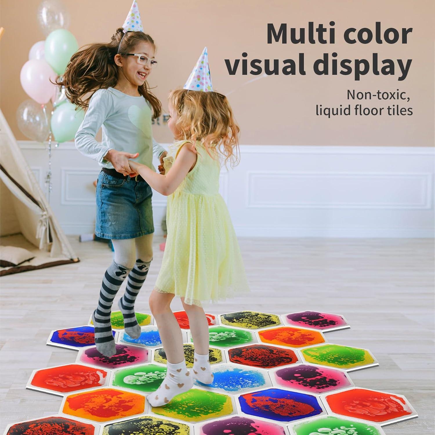 imageArt3d 4Pack Colorful Liquid Sensory Floor Tiles FanShaped Liquid Fusion Sensory Dance Mats for Kid Toddler 13quot x 13quotMulticoloredhexagon 2