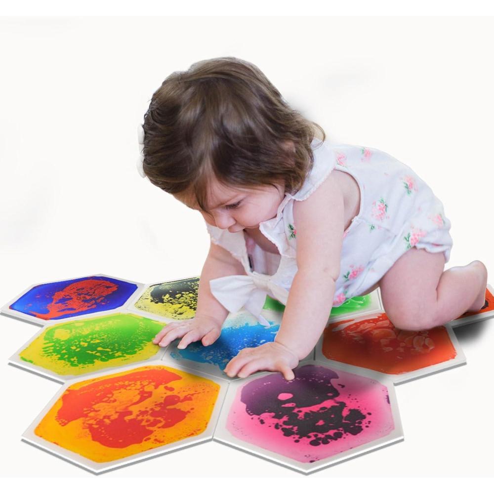 imageArt3d 4Pack Colorful Liquid Sensory Floor Tiles FanShaped Liquid Fusion Sensory Dance Mats for Kid Toddler 13quot x 13quotMulticoloredhexagon 2