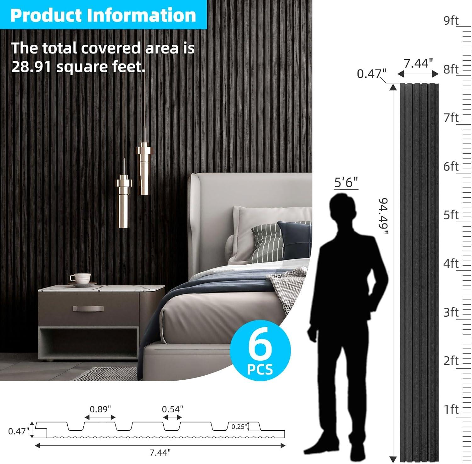 imageArt3d 6Pieces Wood Slat Panels for Stylish Interior Decor and Ceiling Decoration MDF 3D Textured Panel for Ceiling and WallSize 946 x 74 inWalnutMatte Black