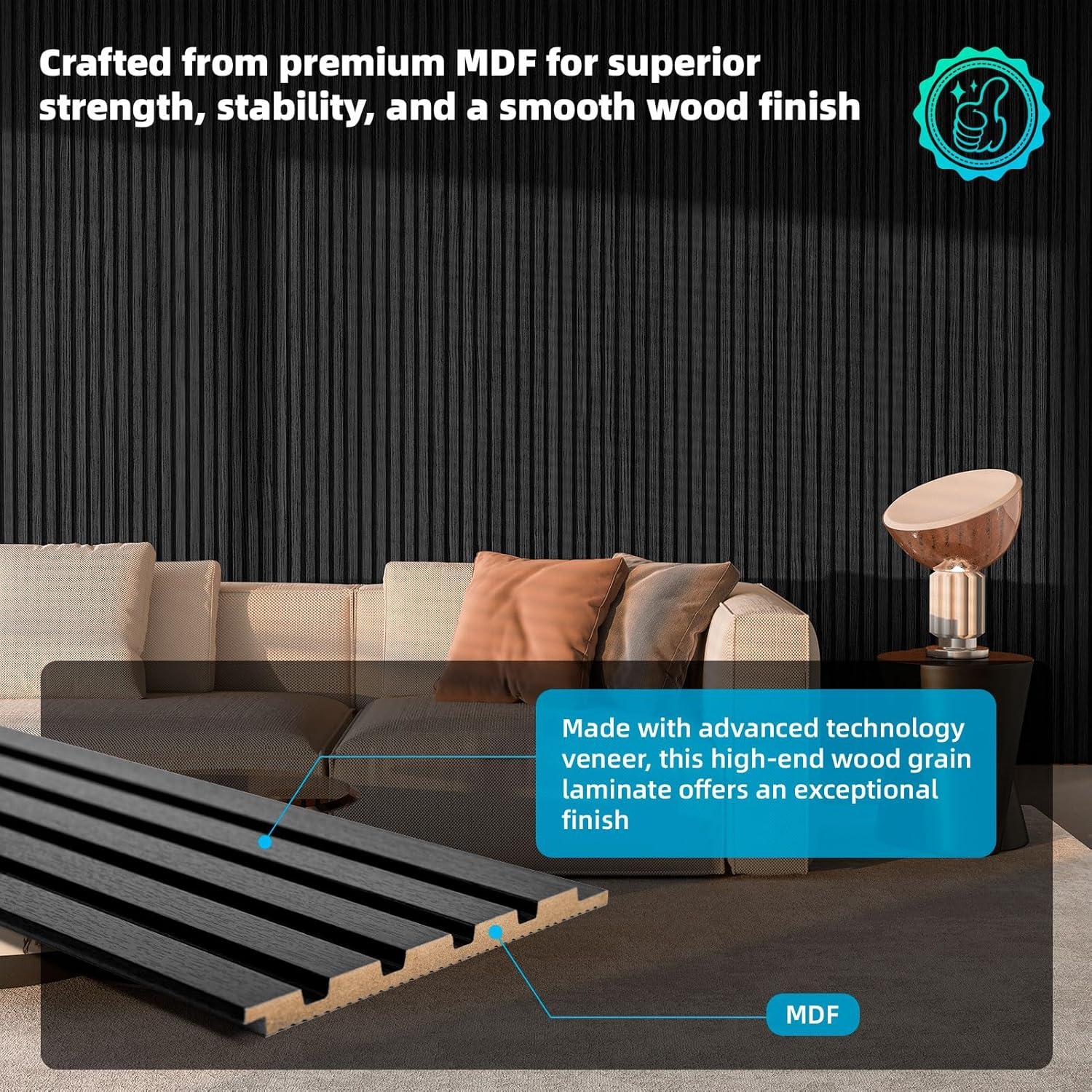 imageArt3d 6Pieces Wood Slat Panels for Stylish Interior Decor and Ceiling Decoration MDF 3D Textured Panel for Ceiling and WallSize 946 x 74 inWalnutMatte Black