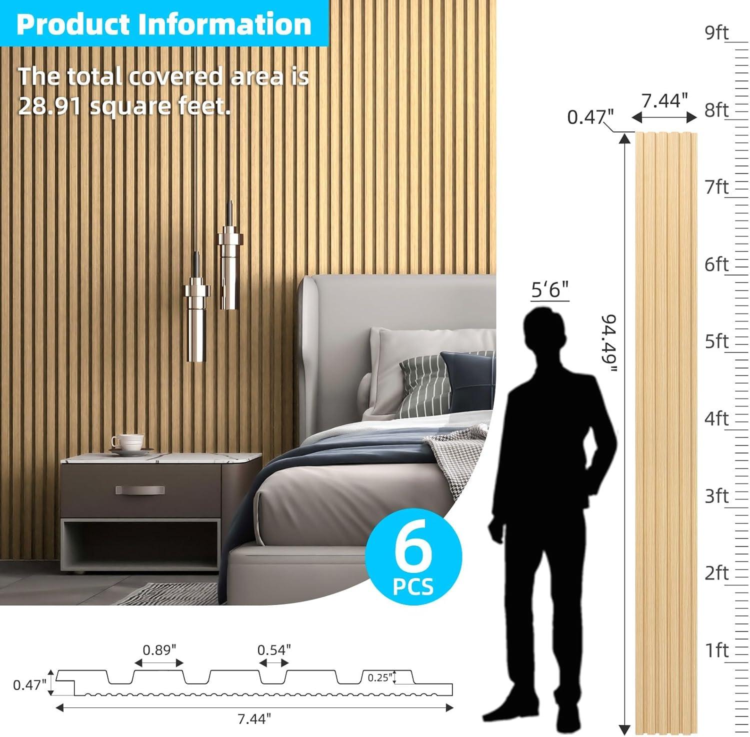 imageArt3d 6Pieces Wood Slat Panels for Stylish Interior Decor and Ceiling Decoration MDF 3D Textured Panel for Ceiling and WallSize 946 x 74 inWalnutOak