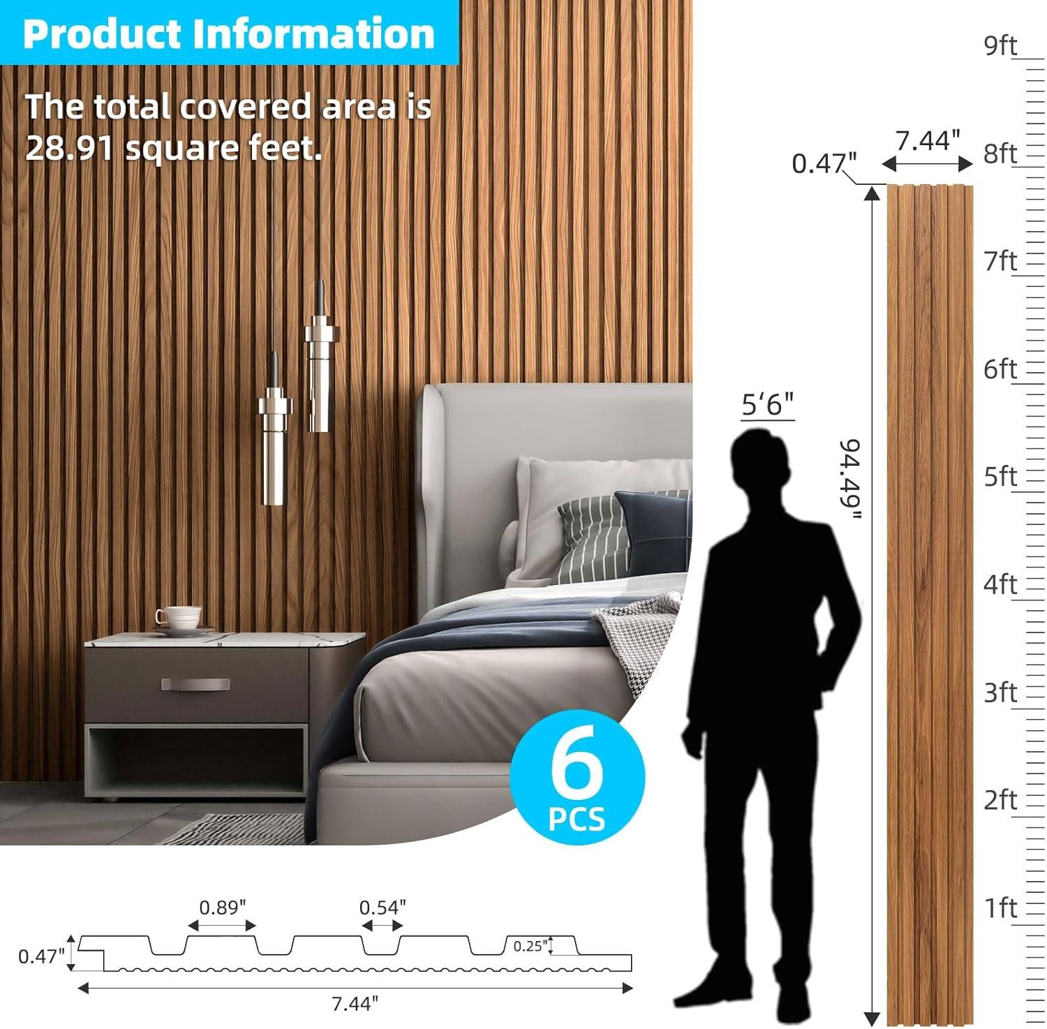 imageArt3d 6Pieces Wood Slat Panels for Stylish Interior Decor and Ceiling Decoration MDF 3D Textured Panel for Ceiling and WallSize 946 x 74 inWalnutTeak