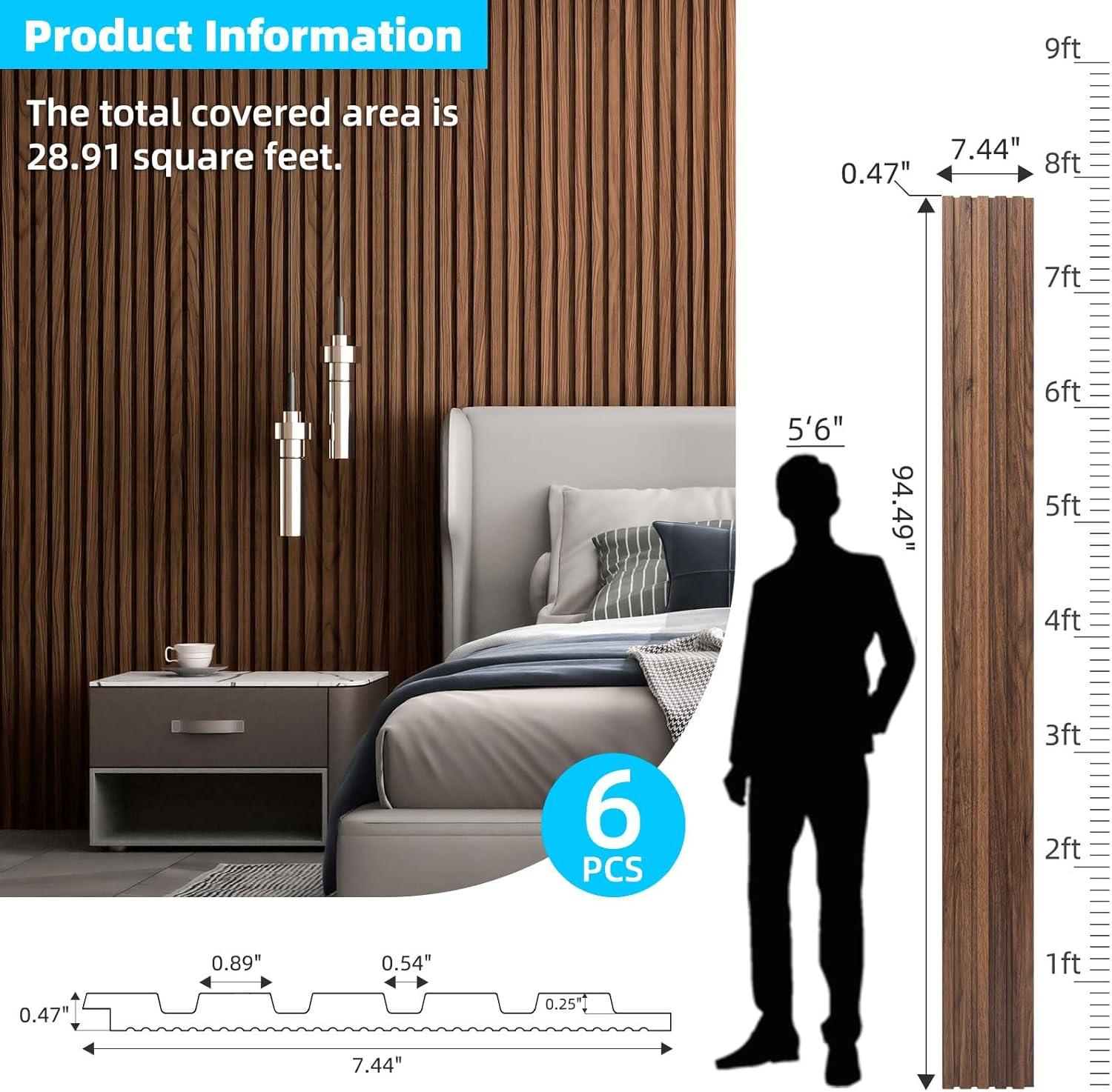 imageArt3d 6Pieces Wood Slat Panels for Stylish Interior Decor and Ceiling Decoration MDF 3D Textured Panel for Ceiling and WallSize 946 x 74 inWalnutWalnut