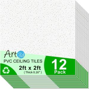 imageArt3d 24x24 Stucco Printed Drop Ceiling Tiles 2x2ft Decorative PVC Ceiling Tiles for Home Office Restaurant and Gym Covering 48 Sqft 12 Pack WhiteStucco Square White